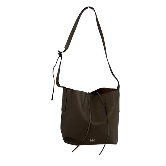 Michael Kors Junie Large Pebbled Leather Messenger Green Taupe Shoulder Bag - Picture 2 of 14